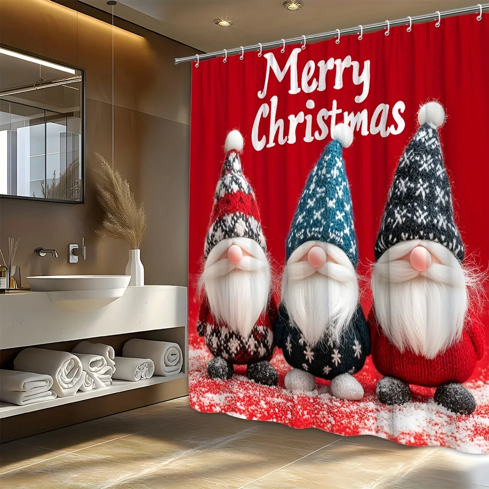 

1 шт. праздничная фетровая занавеска для душа в виде гнома — рождественская сцена с красными и синими шляпами, снежинами и бородой, 70x70 дюймов, 12 крючков