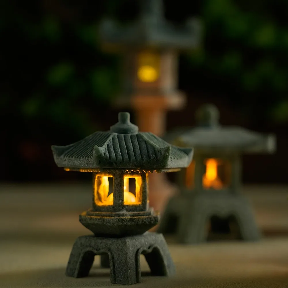 Mini Pagoda Lantern Light Garden Statue Micro Landscape Fish Tank Zen Yard Aquarium Bonsai Zen Garden Home Outdoor Decorations