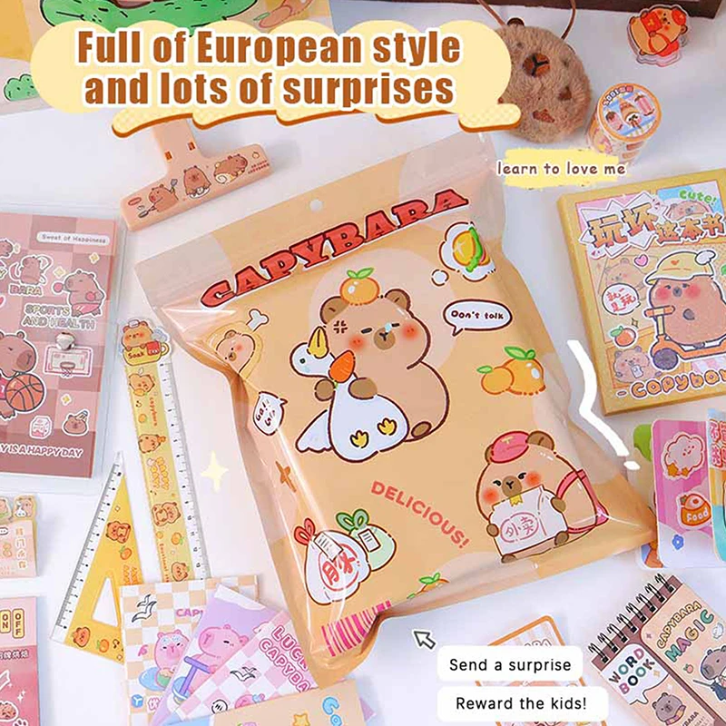 1 conjunto dos desenhos animados kawaii capivara papelaria saco cego bonito capivara conjunto de papelaria criativo sorte caixa surpresa estudantes