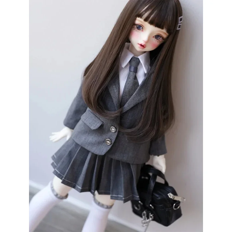 BJD Puppenkleidung für 1/4 1/5 1/6 Größe grauer Anzug Langarm weißes Hemd Faltenrock Krawatte Set Puppenzubehör