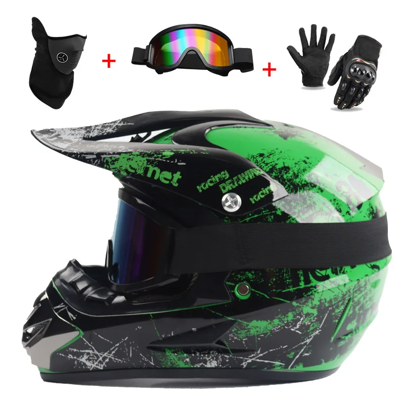 Helm sepeda motor Off-road, kendaraan balap ringan Kart gunung Full-face helm keselamatan keren dengan kacamata