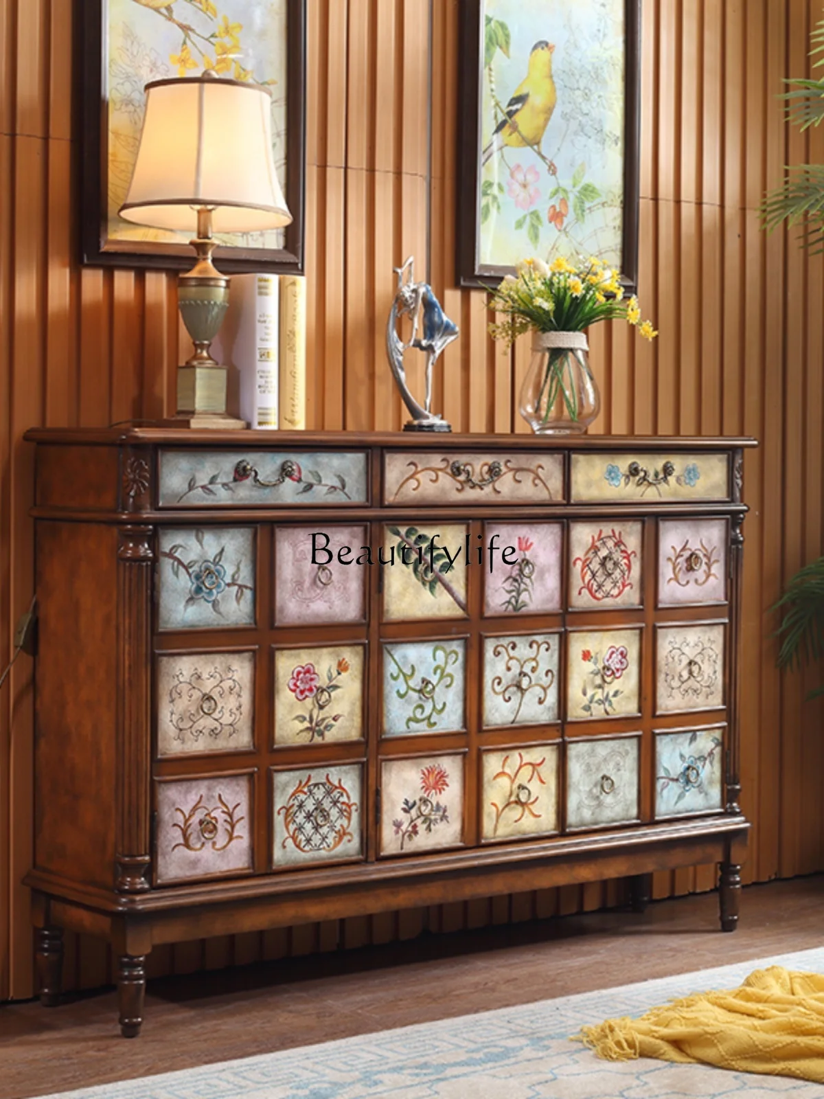 American-Style Solid Wood Shoe Cabinet Vintage Vintage Painted Hallway Home Large Capacity Storage Cabinet Entrance Cabinet