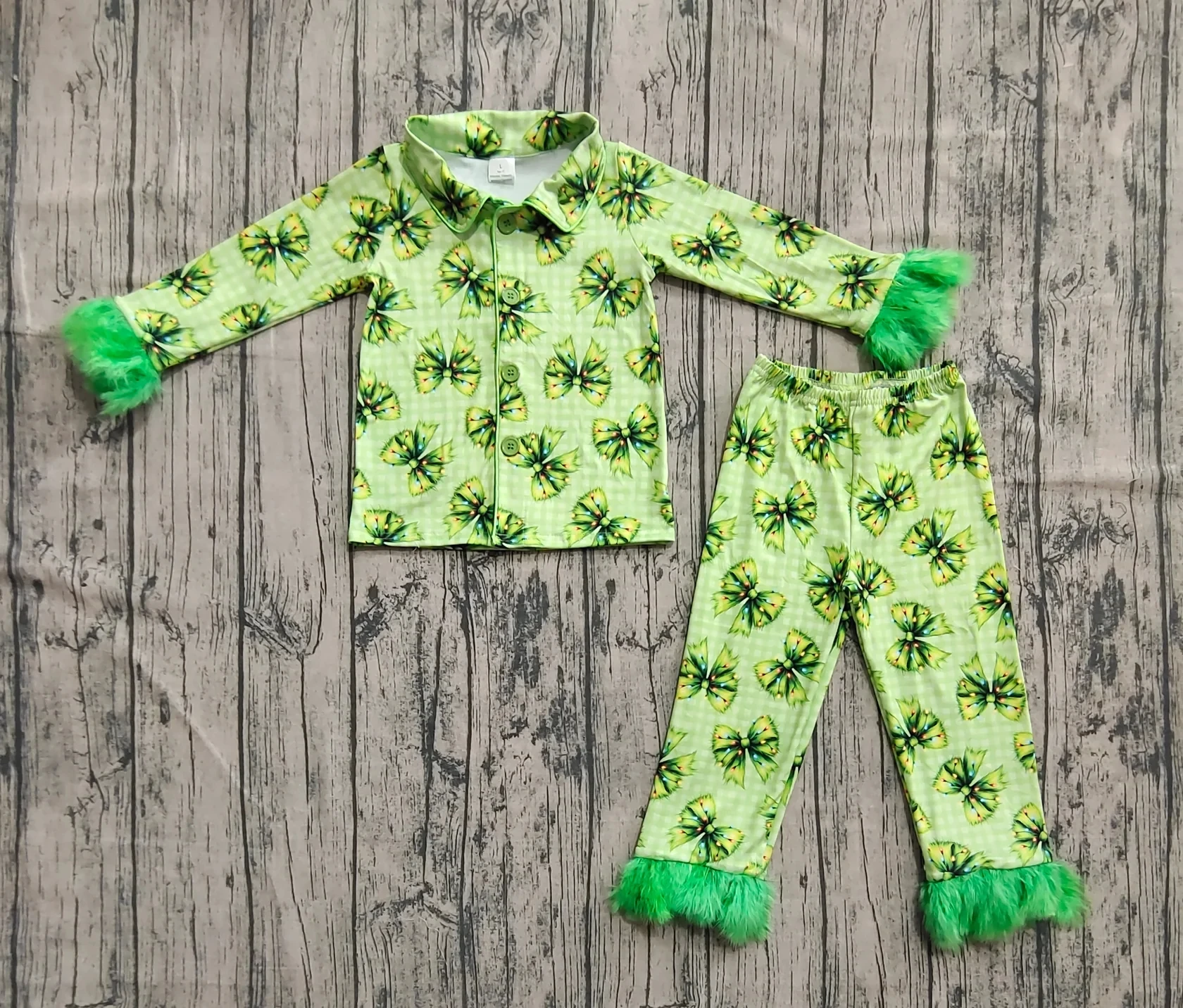 

Wholesale Girl Christmas Pajamas Girls Set Children Toddler Outfit Green Fur Long Sleeves Shirt Lights Bows Pants Sleepwear