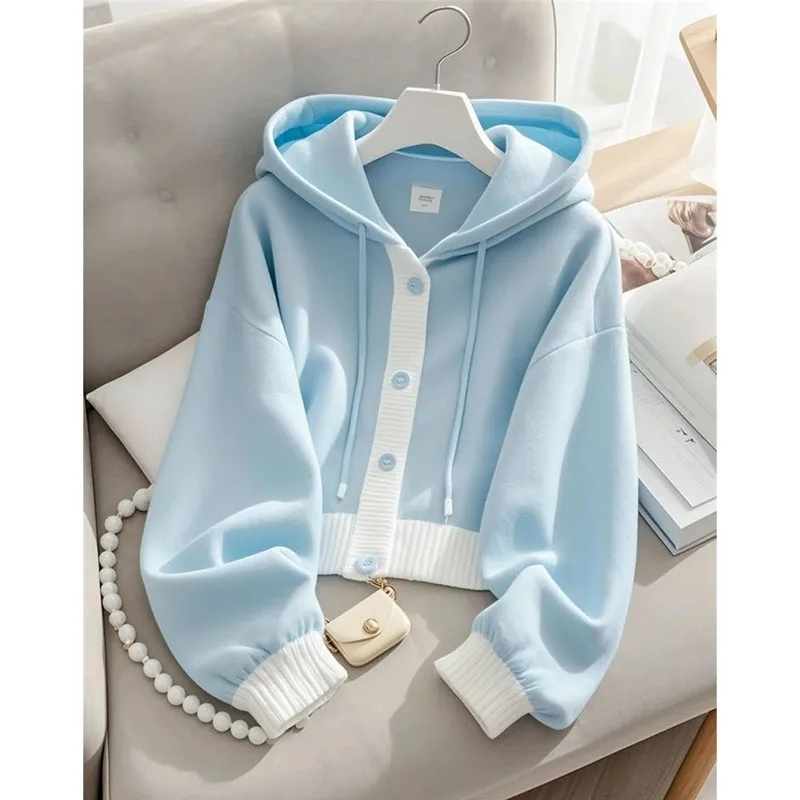 Lazy Wind Femme Hooded Sweatshirts Jacket Autumn Winter Women Patchwork Cardigan Hoodies Advanced Ladies Loose Blue Top Coat