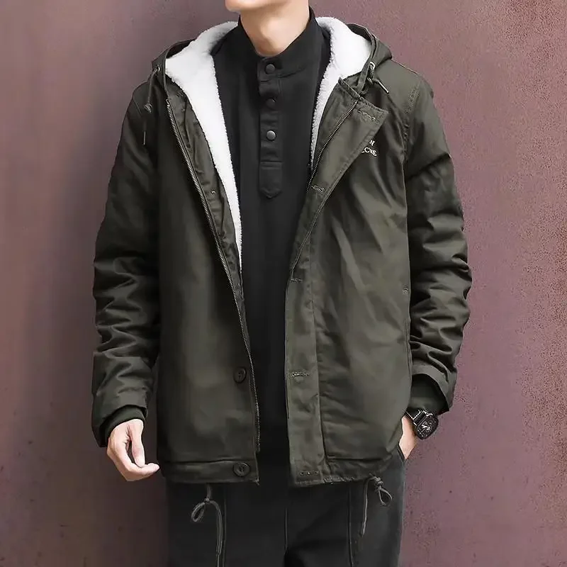 Lamb Wool Jacket Men Clothing Winter Fleece Cotton Coat Warm Thick Parkas Windbreaker Casual Hooded Outerwear Loose New