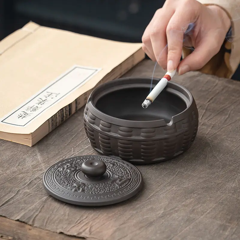 Zisha Yiben Wanli Lid Ashtray Vintage High-end Household Living Room Coffee Table Anti-flying Dustproof Ashtray