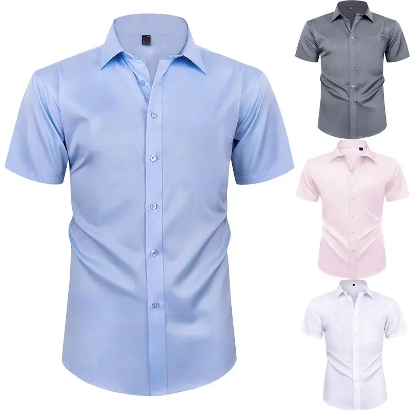 

Men's Formal Color Short Sleeve Shirt Iron-Free Daily Wear Comfortable Fit Spring Season PU Leather Fabric Male Model