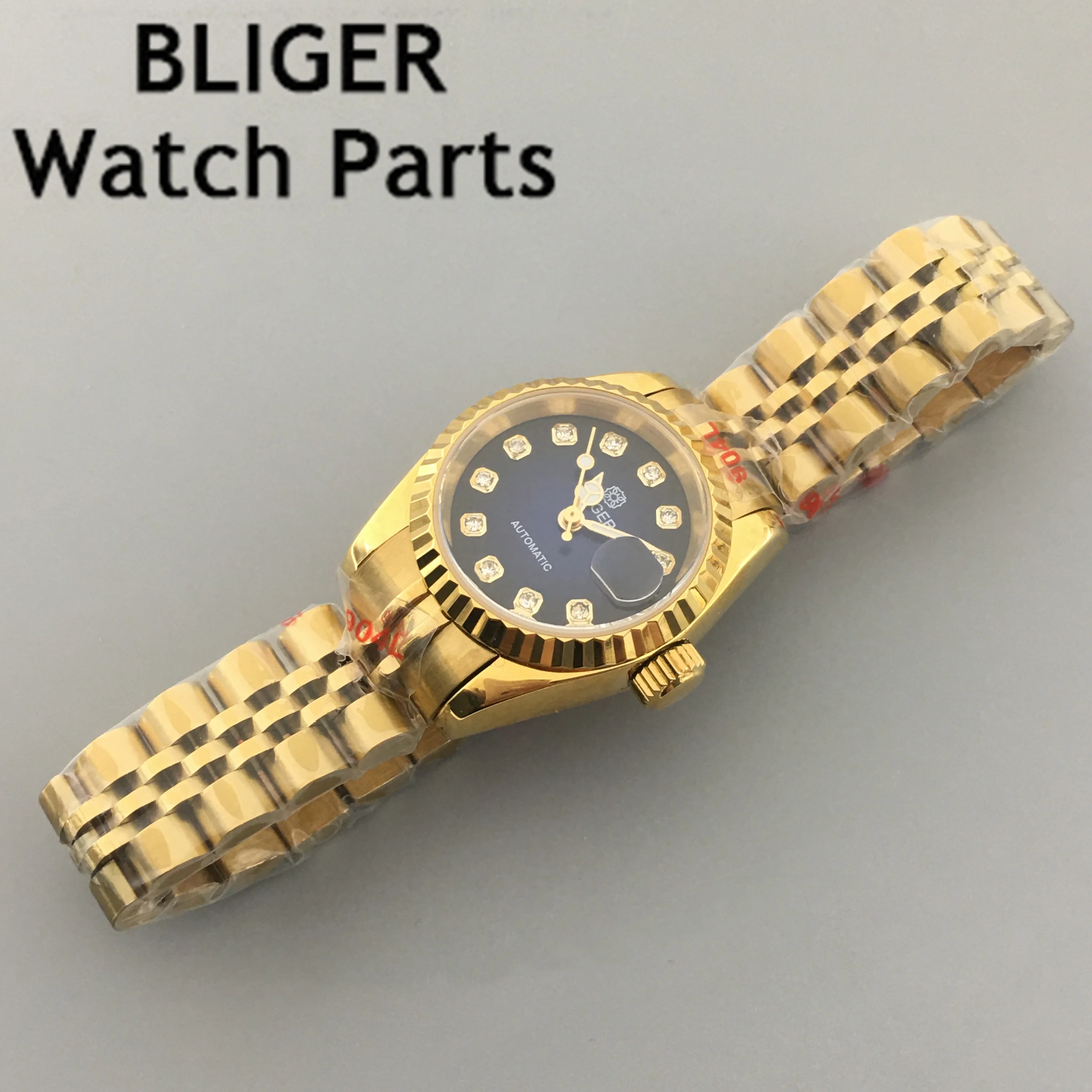 BLIGER 26mmNH05A Automatic Women Watch Sapphire Glass Two Tone Rose Gold Red Green Dial Diamond Index Steel Bracelet