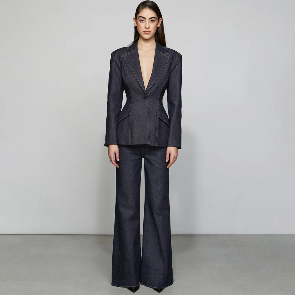 Casual Women's Black Denim Suit Modern Single Breasted 2 Piece Set Jacket+Pants Formal Tailored Party Outfit Daily Workwear