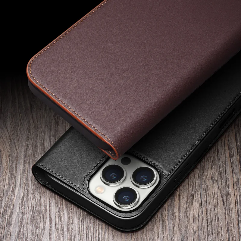 Qialino Brand Genuine Premium Leather Cowhide Flip Mobile Phone Case Cover For iPhone 15 16 Pro Max Plus Matte Retro Kickstand