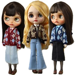 For Blythe Doll Clothes Plaid Cardigan Jeans for Ob24 Ob22 Azone Dolls Outfit Pants