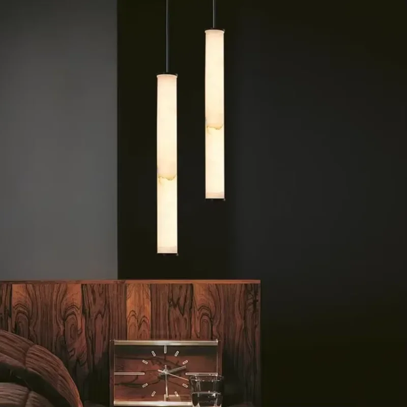 Cylindrical Alabaster Pendant Light White Drop Long Pendant Light for Dining Table Hanging Light Decor Bedroom Bedside Lighting