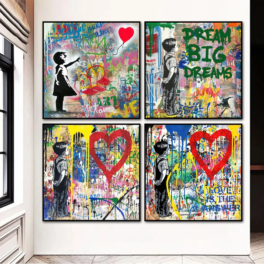 Street Graffiti Boys Girls Love Balloons Big Dreams Wall Art Poster Modern Pop Home Room Decor Canvas Painting Prints Pictures