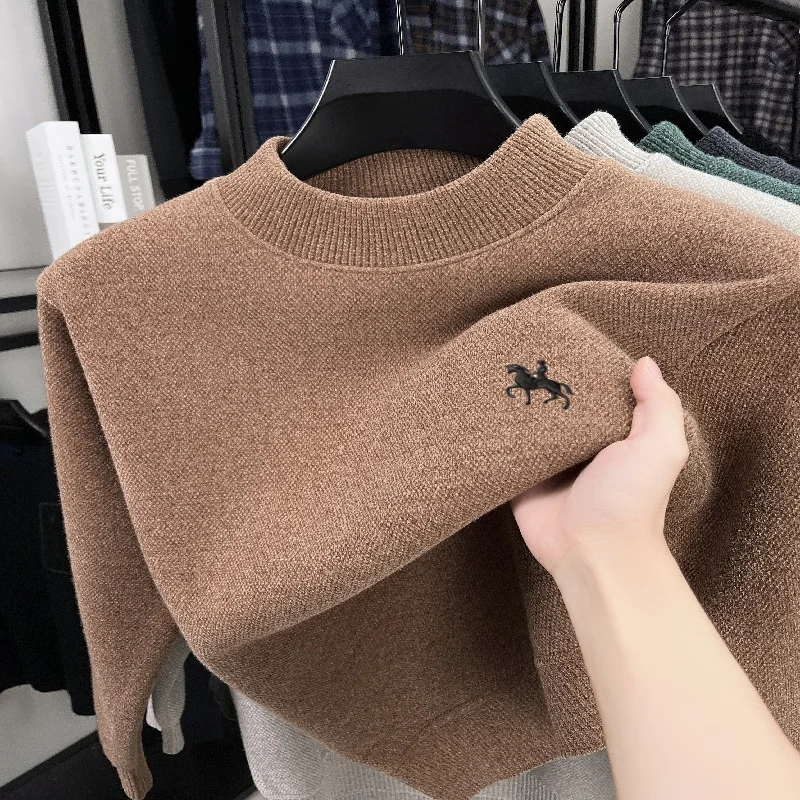 

High quality autumn and winter new men's knitted round neck sweater casual velvet warm pullover personalized pony embroidery top