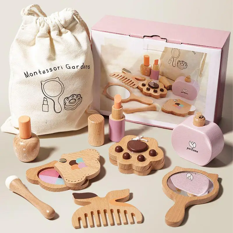 Maquillaje de madera para niños, juego sensorial educativo, juego de simulación, Kit de maquillaje de belleza con herramientas de estilismo y cosméticos para niños pequeños de 4 a 6 años