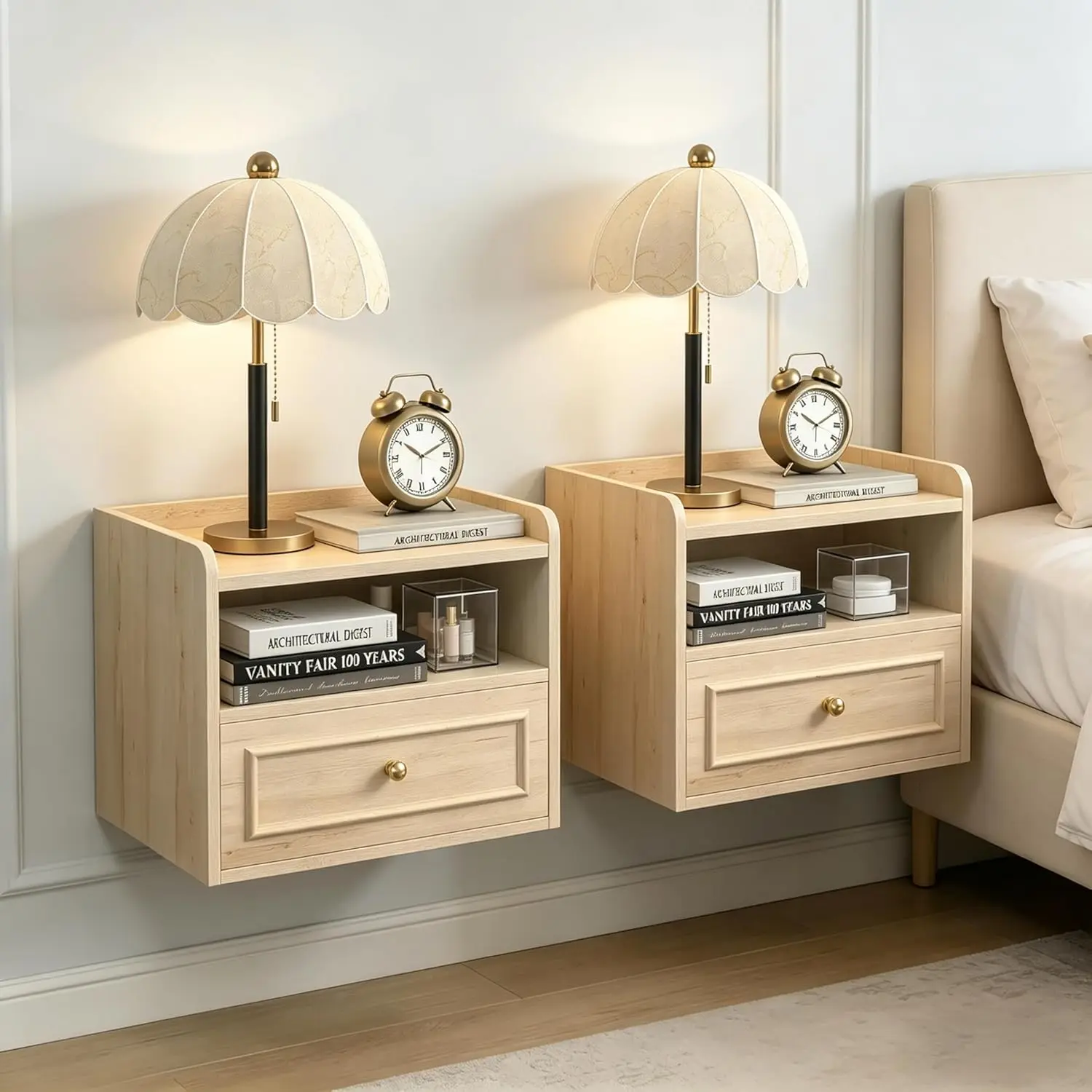 

Floating Nightstand With Charging Station Set Of 2, Modern Wall Mounted Bedside Tables With Drawer & Open Shelf,, Customized
