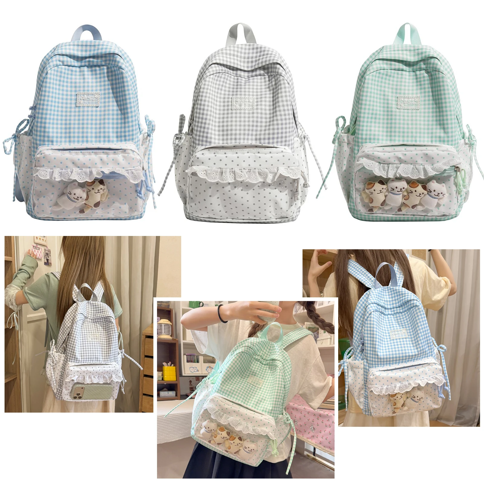 Stylish Checked Backpack Large Capacity Polka Dot Rucksack Transparent Pockets Cute Lightweight Backpacks Commute Studying Pouch