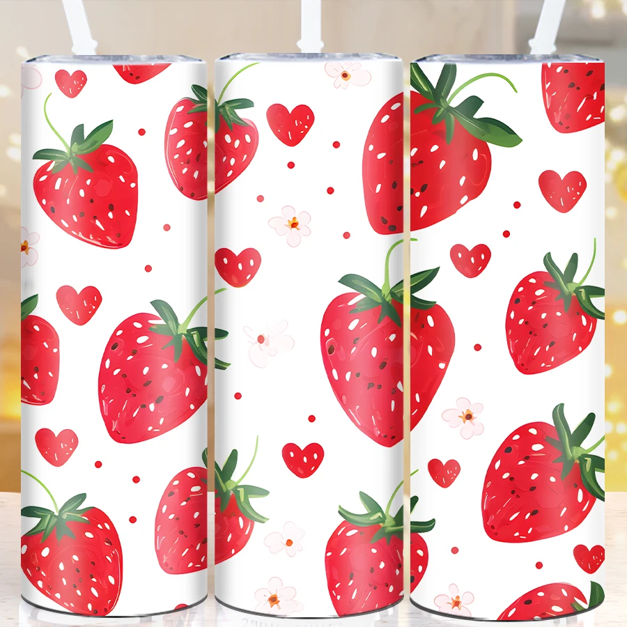 

3D Print Cute Strawberry 20oz Skinny Art Tumbler Straw Lid 1Pc Stainless Straight Water Bottle Christmas Thanksgiving Party Gift