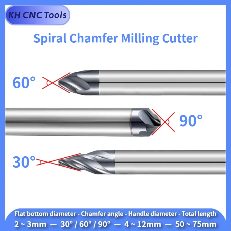 Spiral Chamfer Milling Cutter HRC70 Tungsten Steel 30°60°90° 4 Flutes Carbide Spiral Chamfering End Mills Spiral Chamfer Cutter
