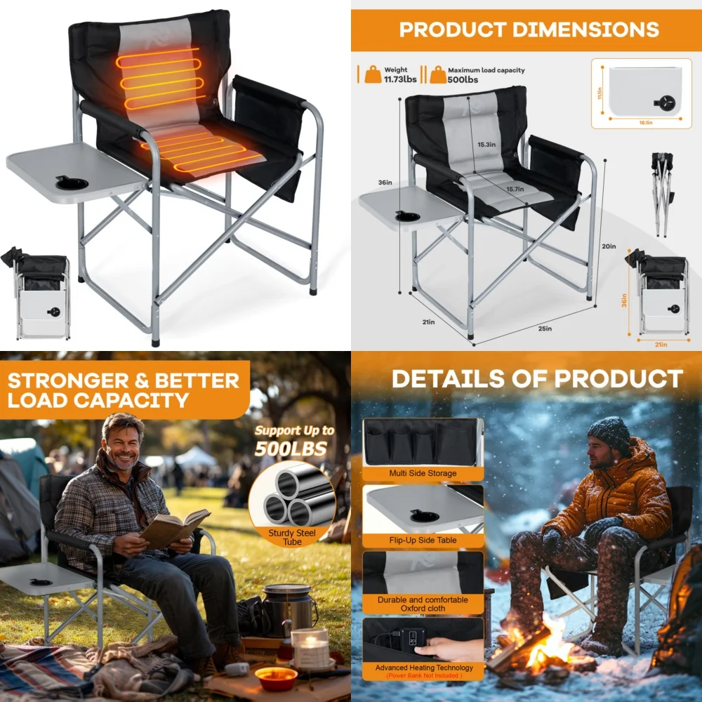 

Кемпинговый стулСкладной стул для кемпинга с боковым столиком, большой стул директора высотой 36 дюймов, сверхмощный портативный стул емкостью 500 фунтов