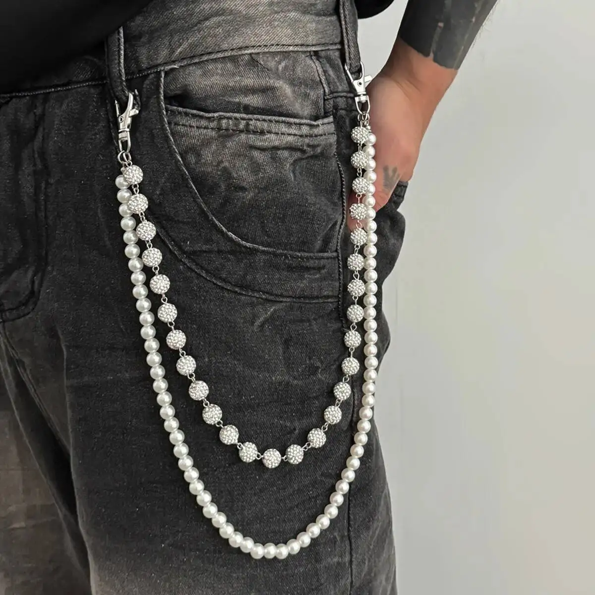 SHIXIN HipHop Imitation Pearl Rhinestone Round Bead Keychain Wallet Belt Chain Men Punk Double Layer Trousers Hipster Pant Chain
