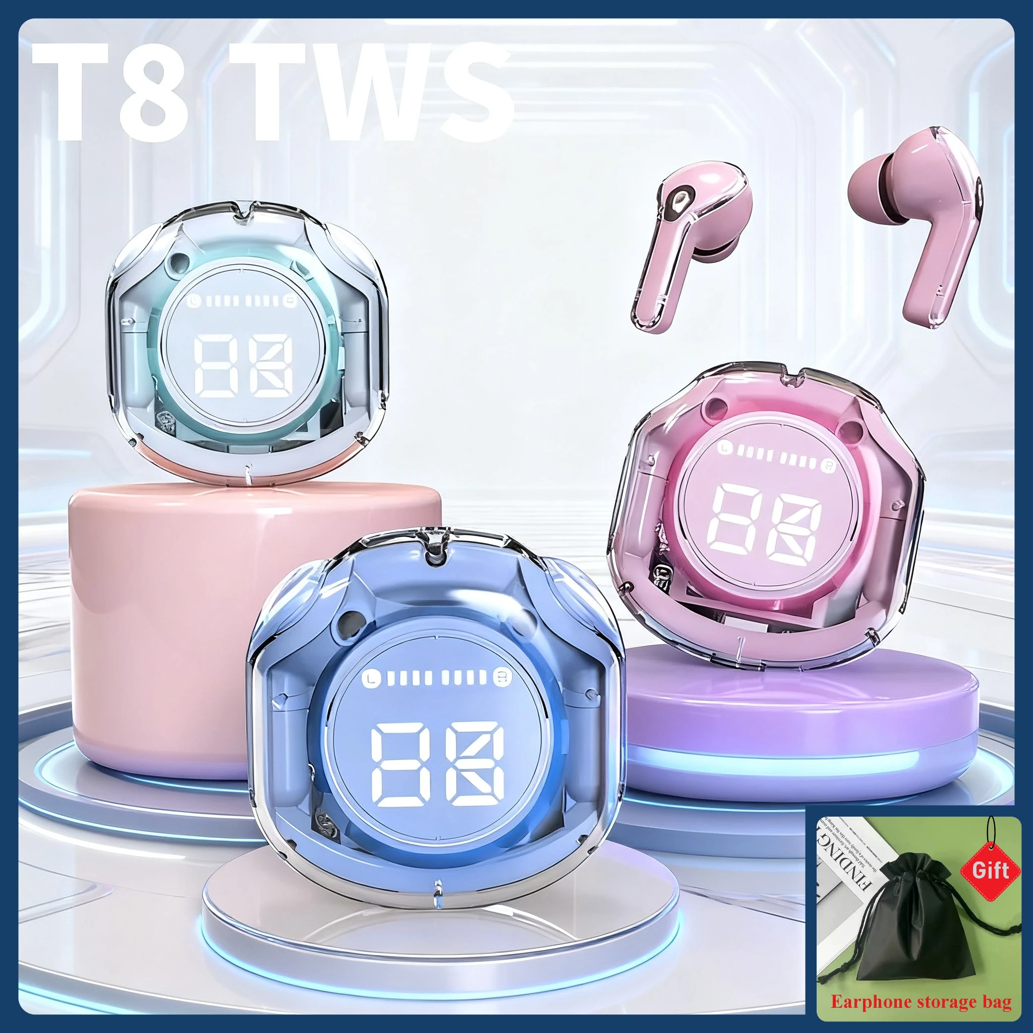 

NEW T8 TWS Wireless Bluetooth Headset 5.3 Headphones Sport Gaming Headsets Noise Reduction Earbuds Bass Touch Control for Phones