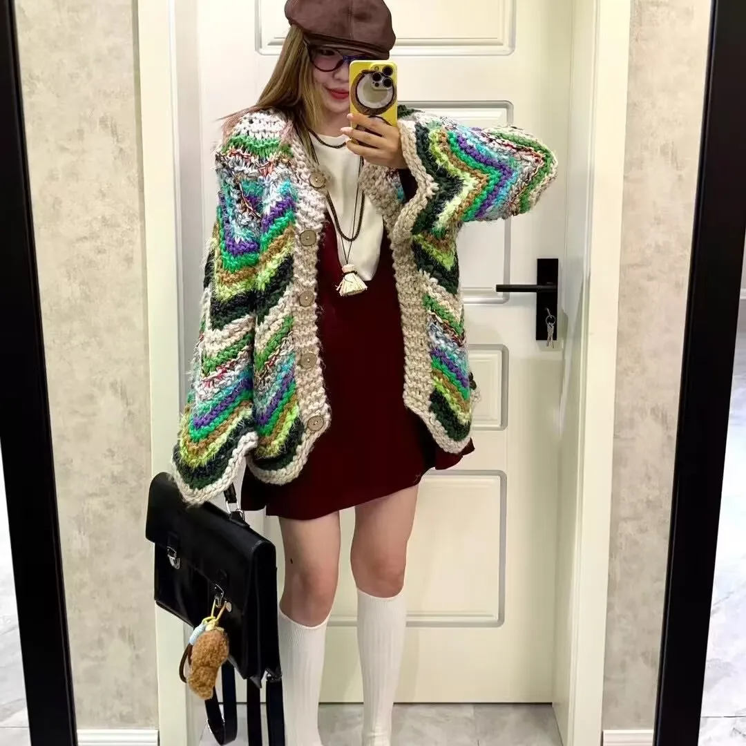 Handmade Wave Striped Women Cardigan 2024 Fall Winter Chunky Multi Color Sweater KnitwearJumper Niche Design