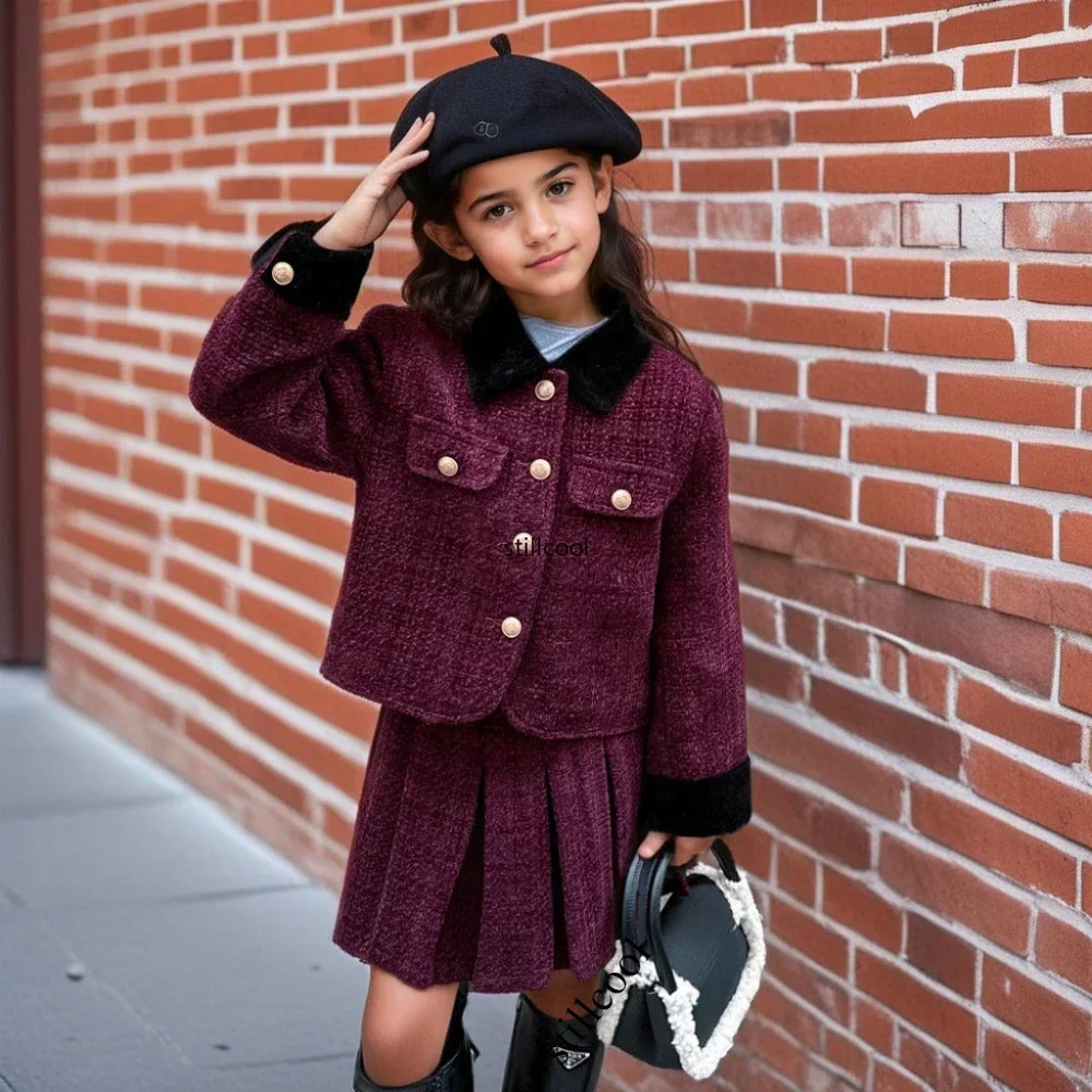 

Girls Winter Fleece Set Thick Warm Teen Children Outfits Short Jacket Skirt 2pc Chic Elegant Party Evening Kids Boutique Clothes