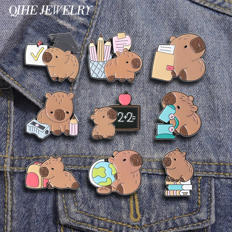 School Kawaii Capybara Set Enamel Pins Creative Cartoon Capybara Education Accessories Brooch Lapel Badge Jewelry Students Gifts