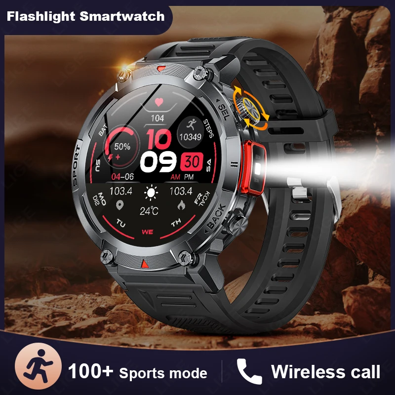 LIGE Military Grade New Outdoor Sports Men Smart Watch AMOLED Full Touch Screen With LED Flashlight Bluetooth Calling SmartWatch