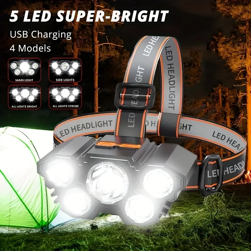 

High Brightness 5LED Headlamp Waterproof USB Rechargeable Head Torch for Outdoor Adventure, Night Work, Fishing, Climbing Light