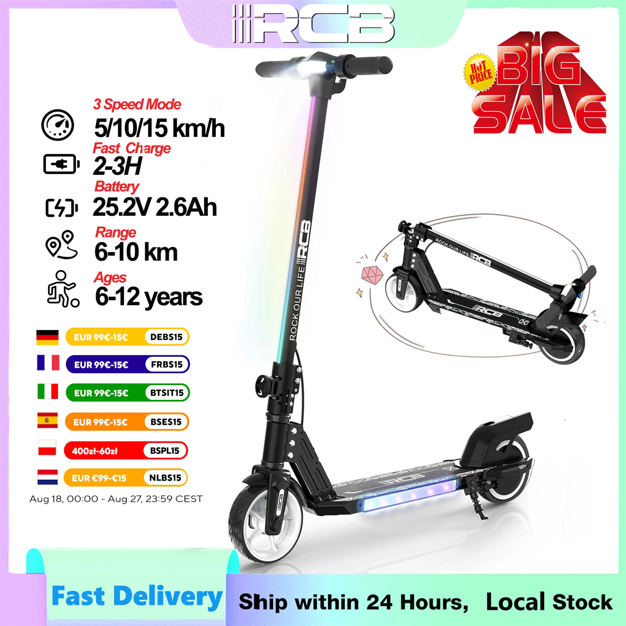 Patinete eléctrico RCB R12 para niños de 6 a 12 años, luces coloridas, scooter eléctrico plegable de 6,5", pantalla LED, scooter eléctrico liviano