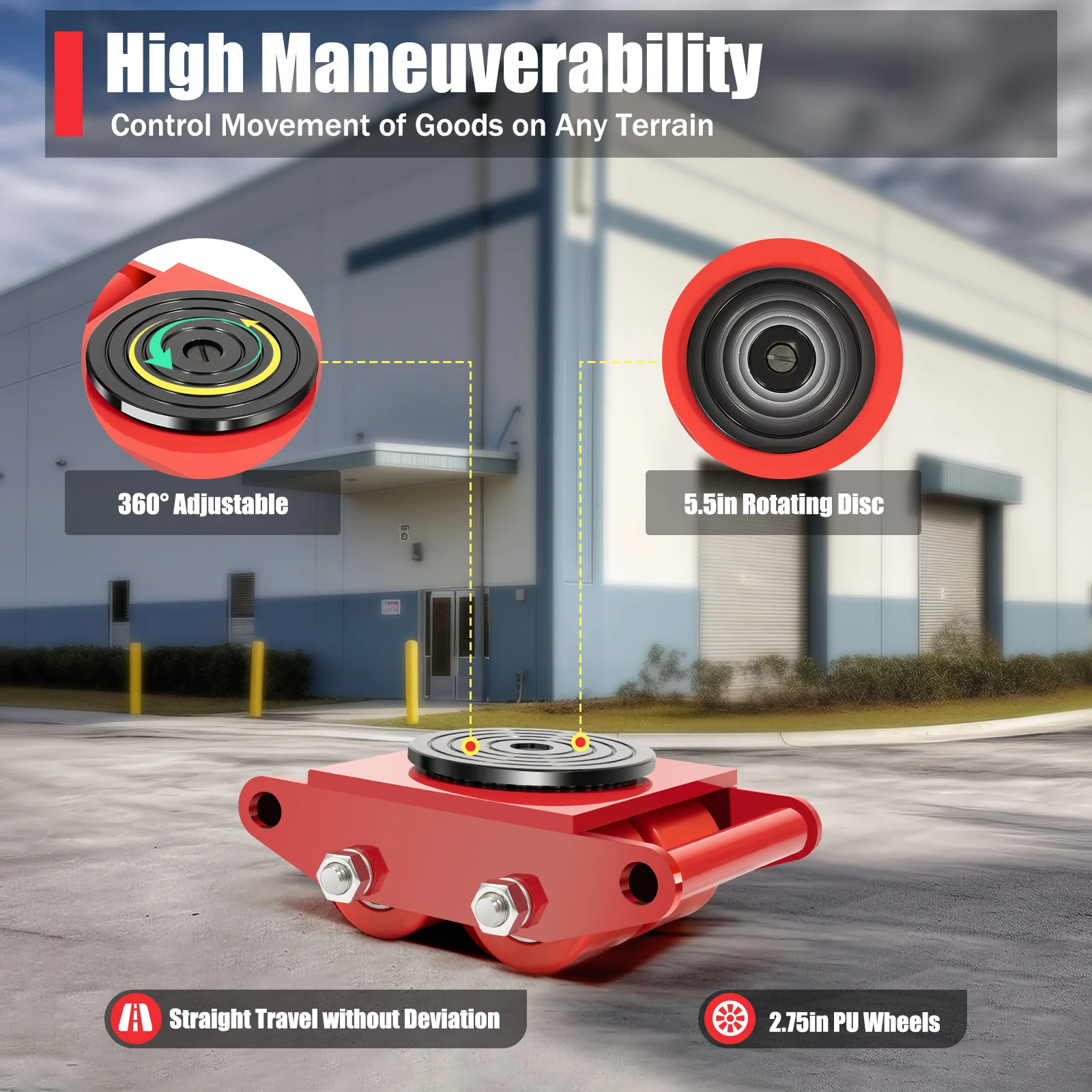 6T Machinery Mover Heavy Duty Machine Dolly Skate Machinery 4 Roller Mover Cargo Trolley Cart 360° Rotation Red/Yellow