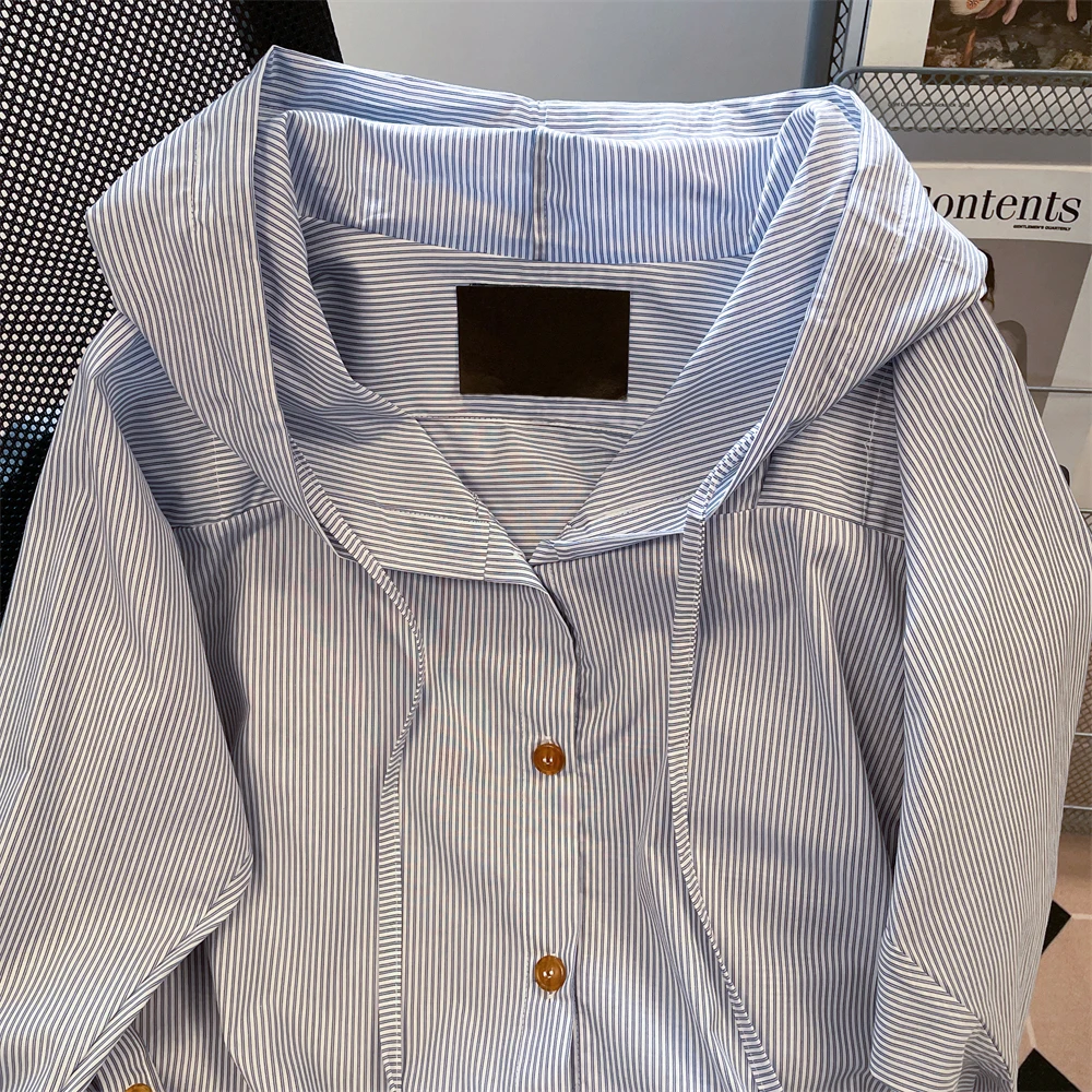 Полосатая рубашка с капюшоном на шнурке, женская осенняя корейская шикарная уникальная свободная посадка, пуловер с длинными рукавами, повседневная верхняя одежда, женский топ