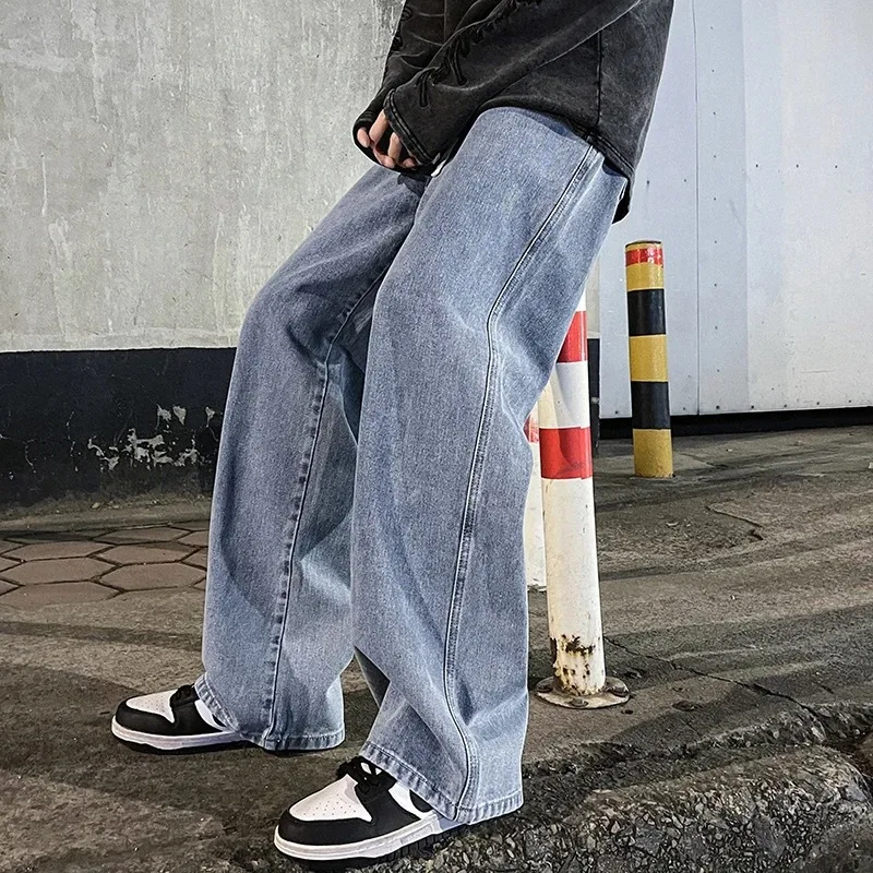2025 New Streetwear Loose Jeans Men Korean Style Fashion Loose Straight Wide Leg Pants Men's Brand Clothing Black Light Blue