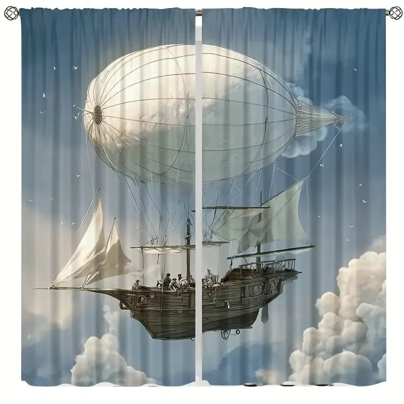 2pcs Flying Ship Cloud Curtains - Hot Air Balloon & Airship Window Drapes, Dark & Sky Clouds Design, Light Filtering Privacy
