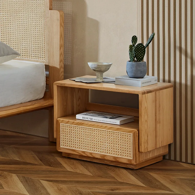 Bedroom furniture, quiet wind, ash bedside table, cream wind, designer solid wood bedside table,