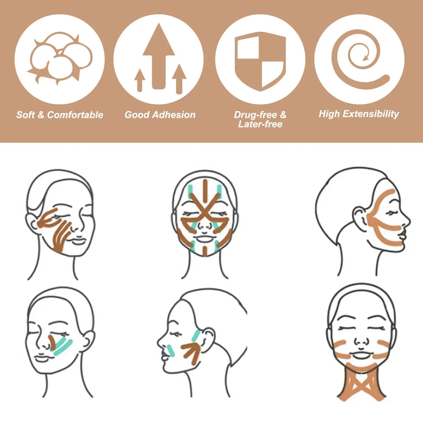 الشريط اللاصق مزيل التجاعيد ، خط الخامس ، الرقبة ، العيون ، الرفع ، أداة العناية ببشرة الوجه ، Bandagem مطاطا