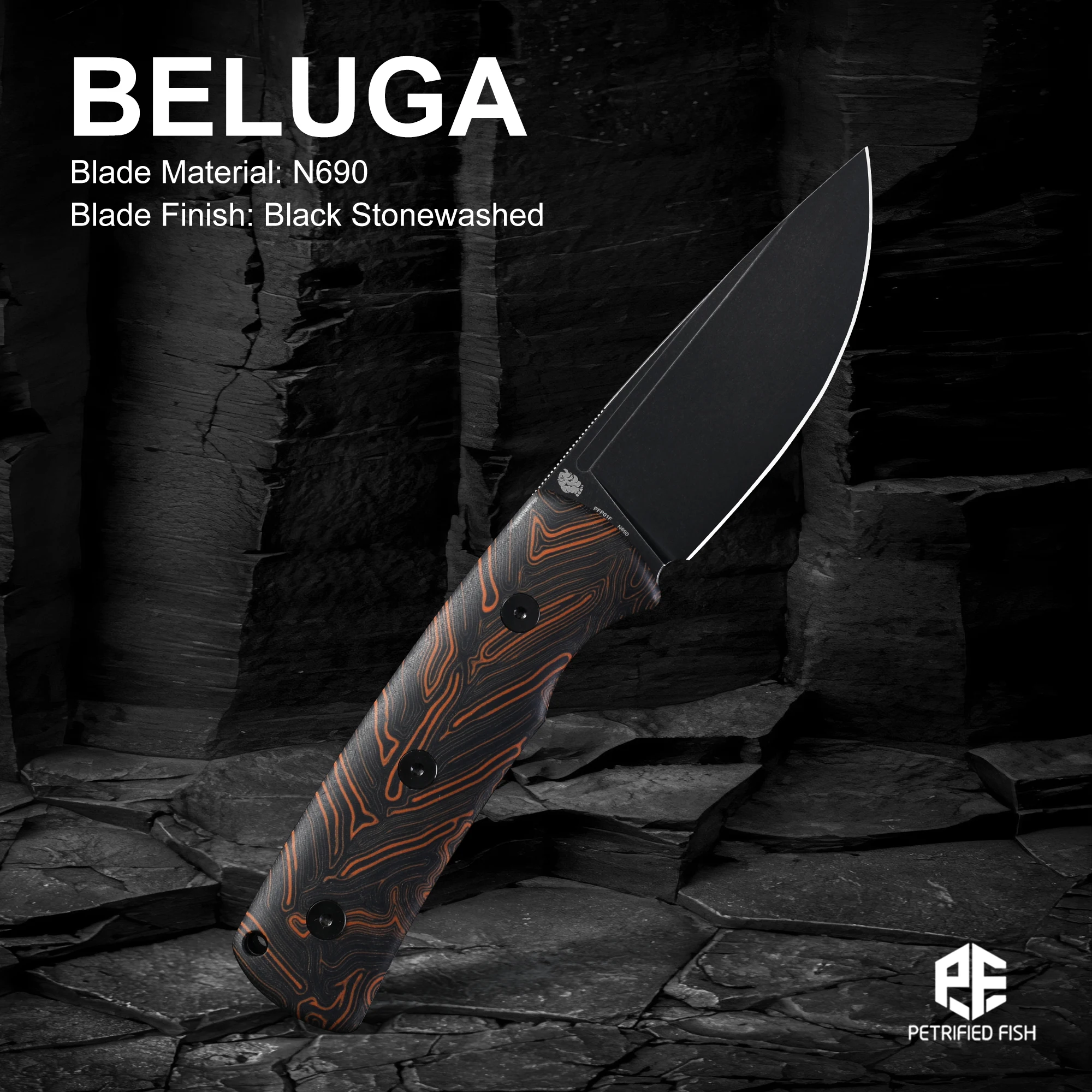 Нож с фиксированным клинком Petrified Fish Beluga PFP01F N690 для выживания в лесу, кемпинга, с кожаными ножнами, ручной инструмент