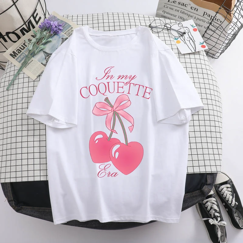 Women's Cherry Alphabet Pattern Printing T-Shirts, Cotton Casual Wear, Crewneck Tee Clothes, Loose Tops, Summer Fashion, New