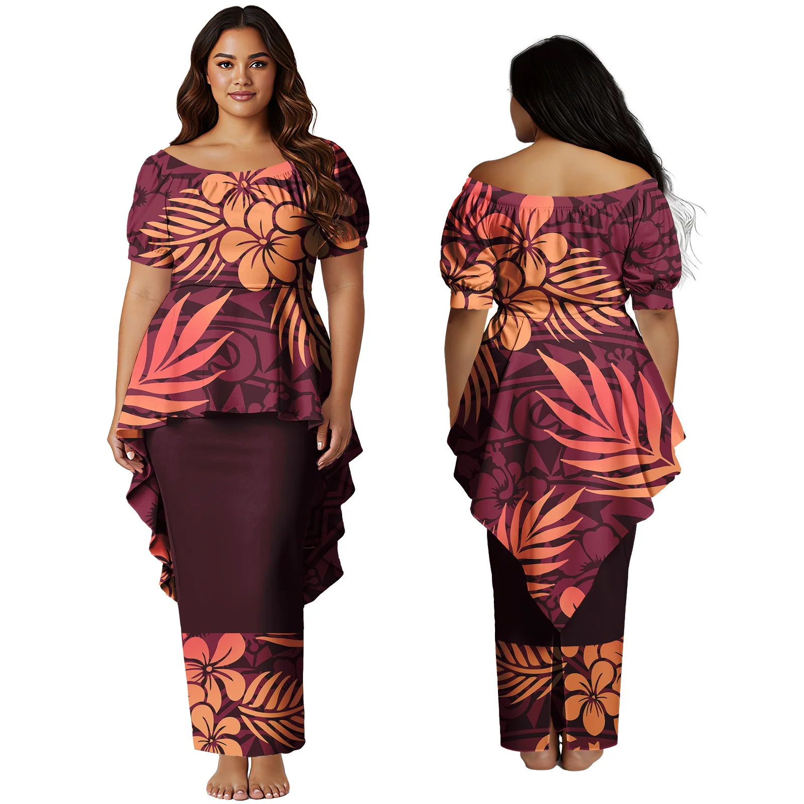 Ropa personalizada a petición para mujer, vestido con estampado Floral de Isla de Samoa, Top y faldas polinesio, conjunto de 2 uds de talla grande, Puletasi hawaiana para mujer