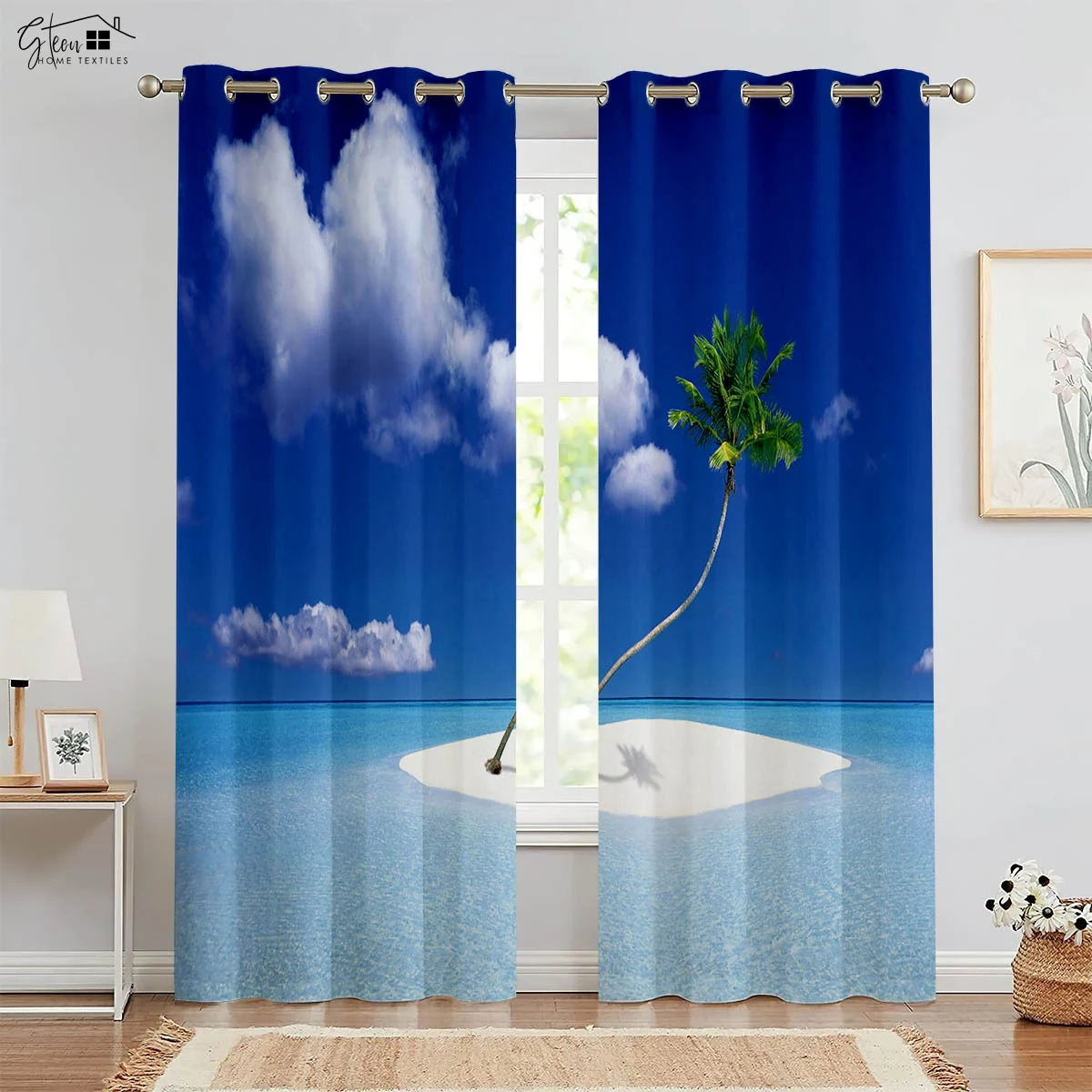 

Seaside Scenery Decorative Curtains Beach Coconut Trees Blue Sky And White Clouds Ins Style Homestay 3D Printed Curtains 2PCS