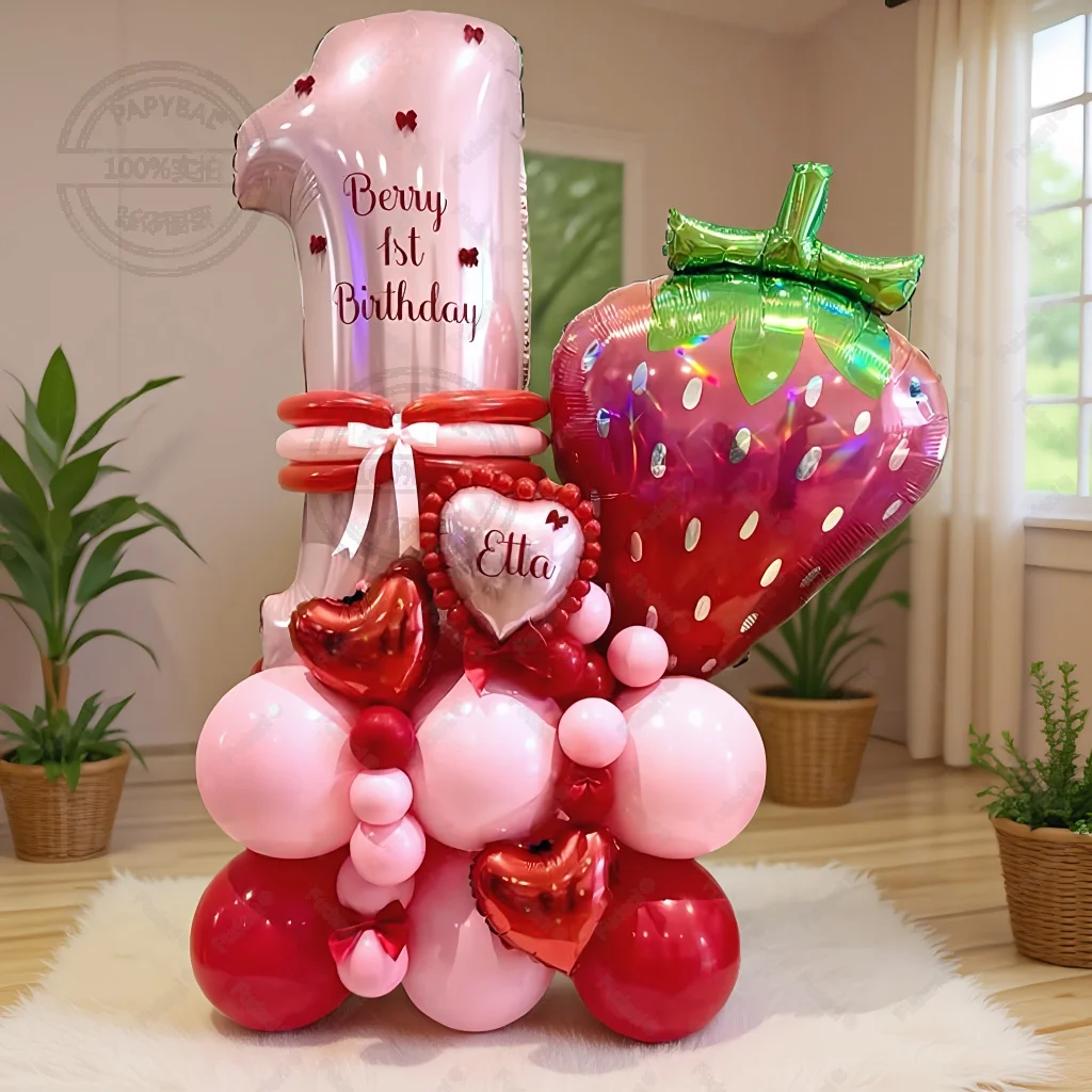 38 stücke Erdbeere Ballon Rosa Anzahl Geburtstag Ballon Set Obst Thema Party Dekoration Festival Ballon Fotografie Requisiten