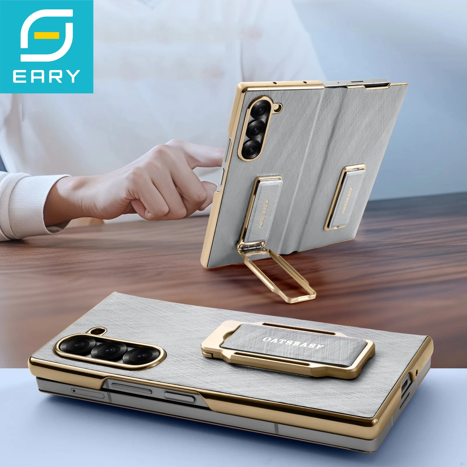 

Чехол для телефона Eary для Samsung Galaxy Z Fold 7, кожаный чехол с двойным браслетом на 360° ° Поворотная подставка Противоударная защита Полное покрытие