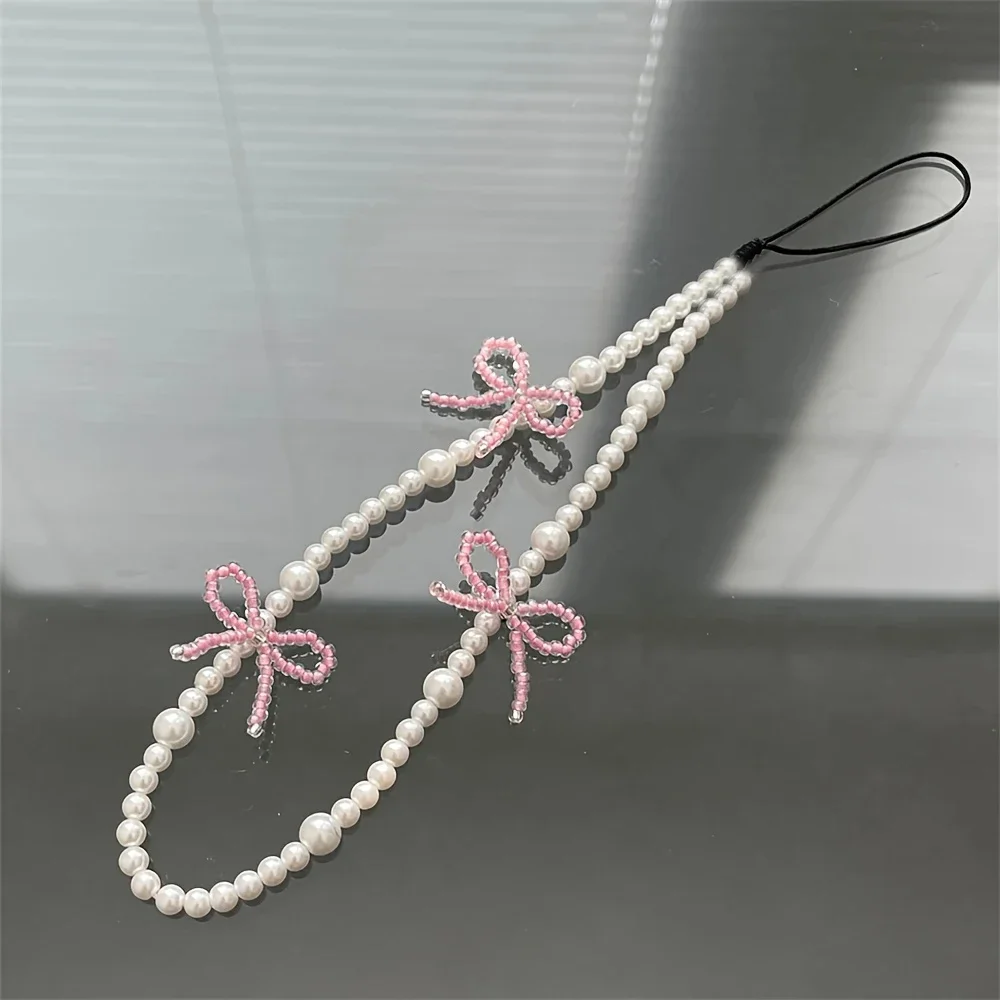 Korea Cute Pink Bowknot Pearl Pendant Beaded Phone Charm for IPhone Accessrioes Lanyard Woman Girl Jewelry Hanging Rope Strap