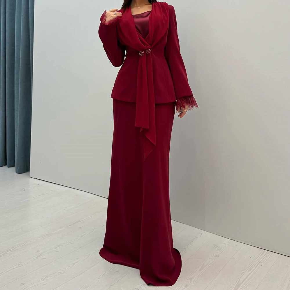 

Customized A-line Evening Dresses Floor-length Square Collar Full Sleeve Prom Gown Fashion Lace Stole Simple Draped Party Gown