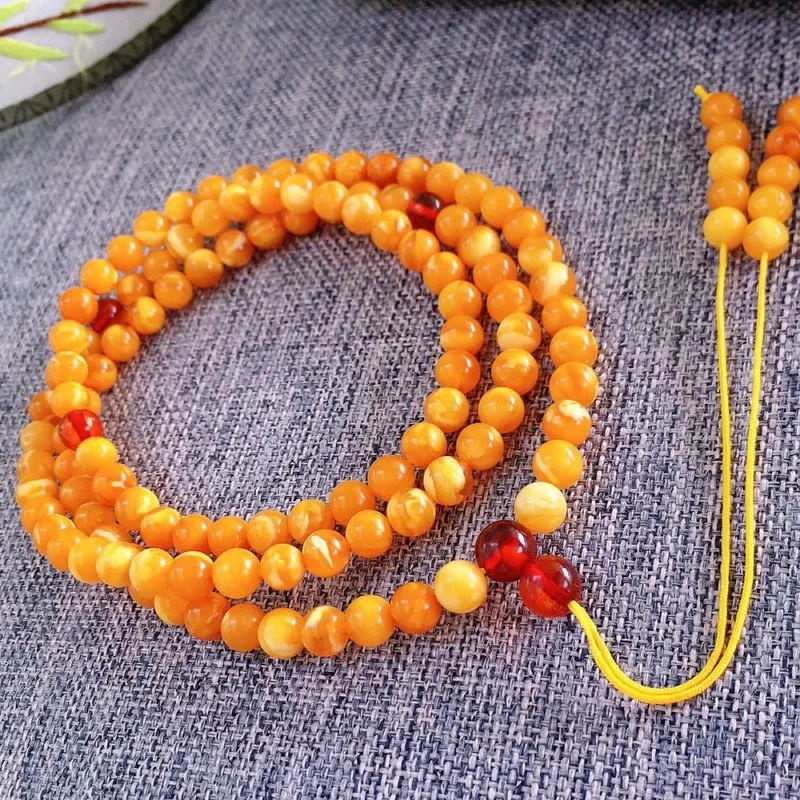 Natural Russian 108 beads multi-strand bracelet chicken oil yellow old flower pattern amber with intricate desi