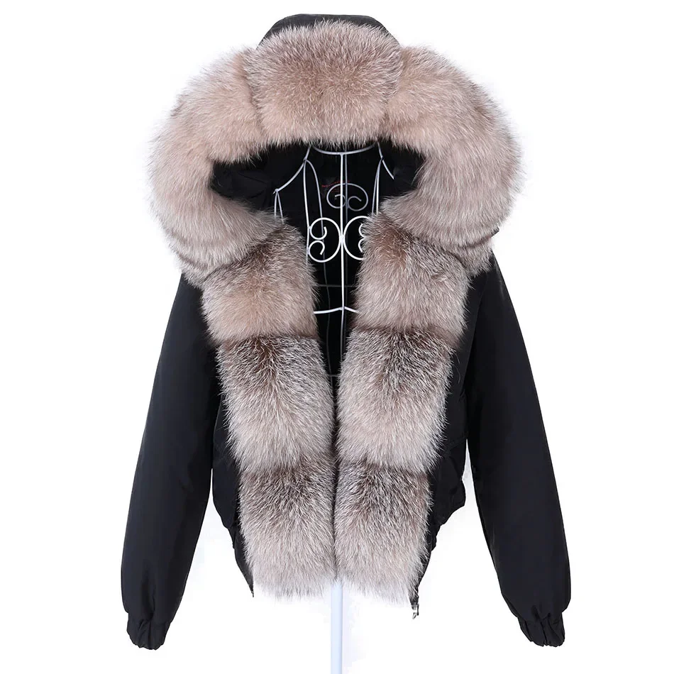 MAOMAOKONG 2024 Fashion Short Women\'s Real Fox Fur Coat Natural Big Raccoon Fur Collar Winter Parka Bomber Jacket Waterproof