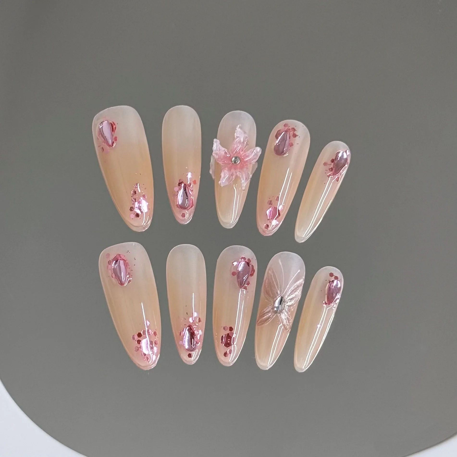 10 Uds. De uñas postizas hechas a mano con diseño de ojo de gato azul, uñas postizas con diseño de diamante brillante, uñas postizas desmontables de almendra dulce