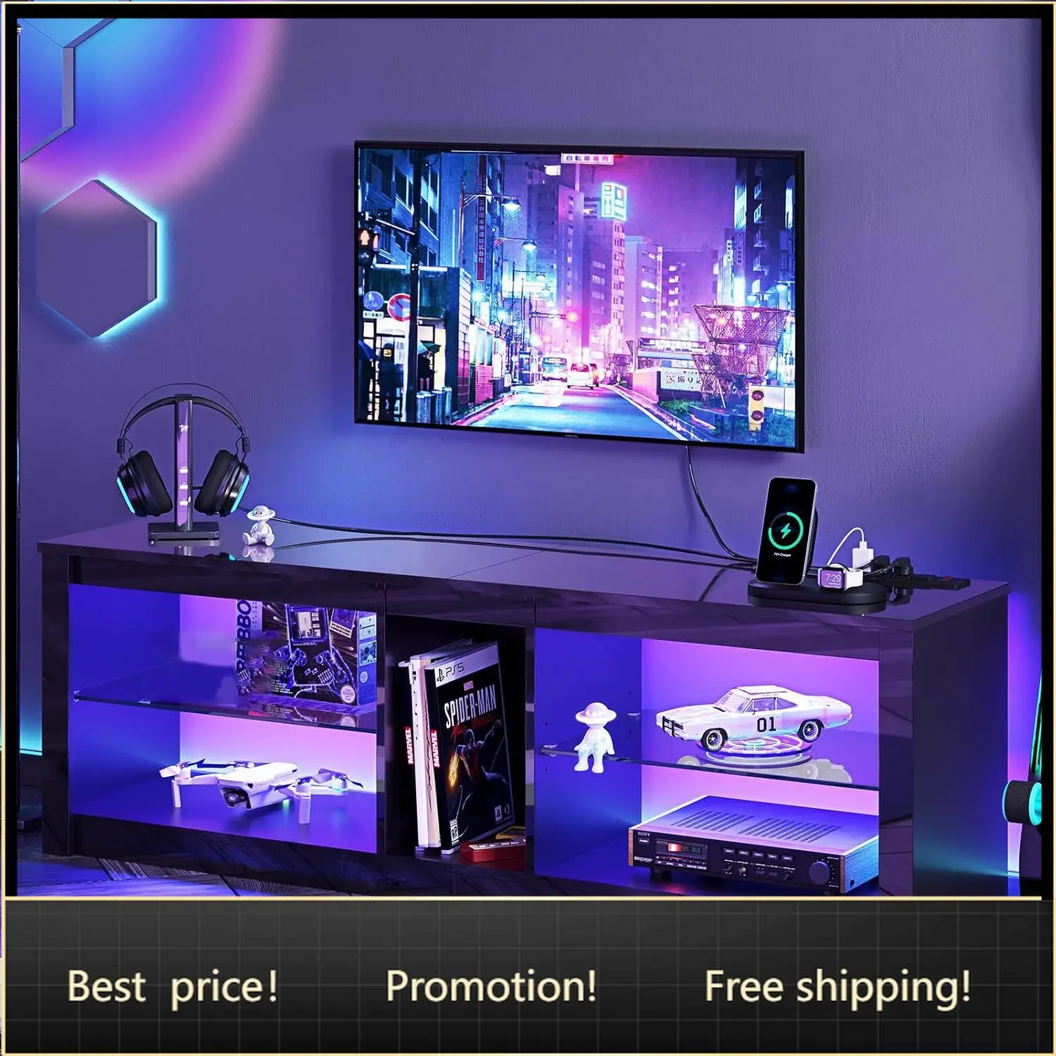 LED TV Stand for 55/60/65 Inch TV, Black High Gloss Entertainment Center with Power Outlet & Adjustable Shelves, Modern Gaming T